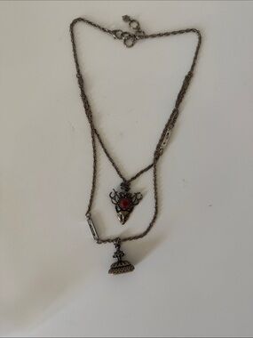 Two-Layer Gold Tone Necklace with Red Accent Deer Pendant